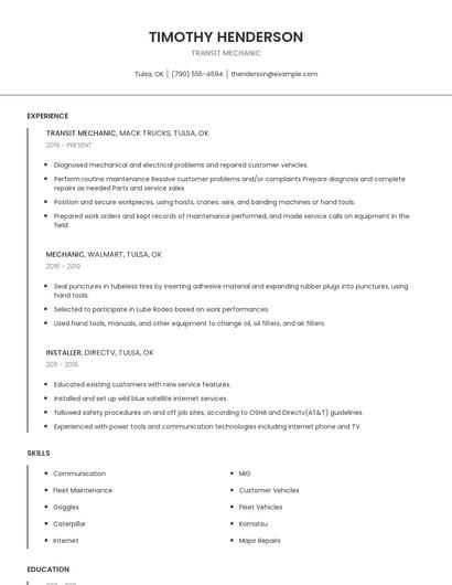 Transit Mechanic Resume