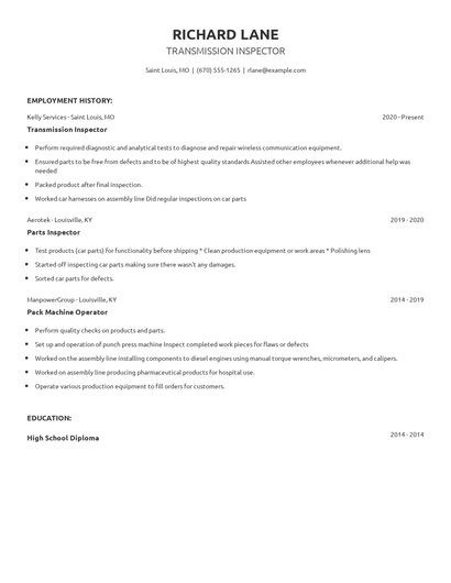 Transmission Inspector Resume
