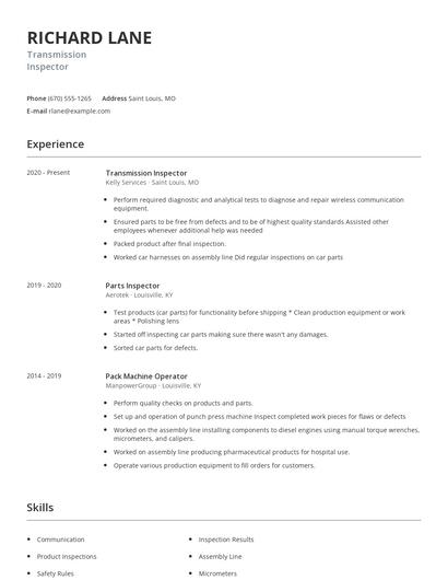 Transmission Inspector Resume