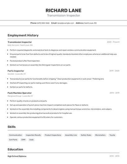 Transmission Inspector Resume