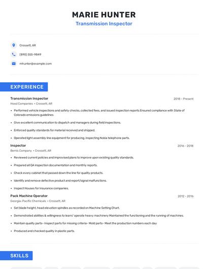 Transmission Inspector Resume