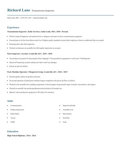 Transmission Inspector Resume