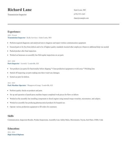 Transmission Inspector Resume