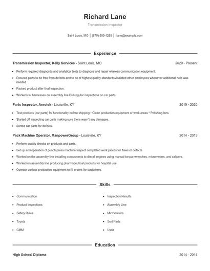Transmission Inspector Resume