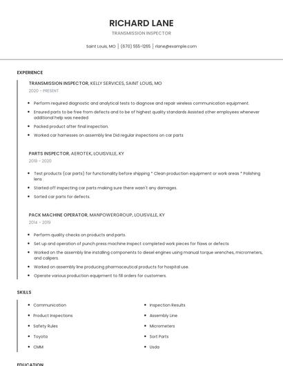 Transmission Inspector Resume