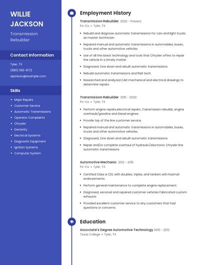 Transmission Rebuilder Resume