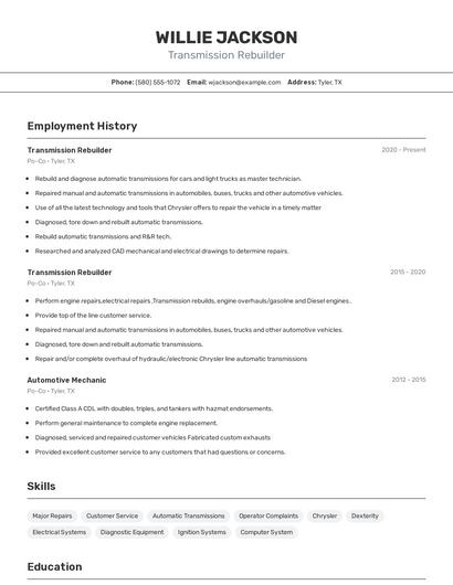 Transmission Rebuilder Resume