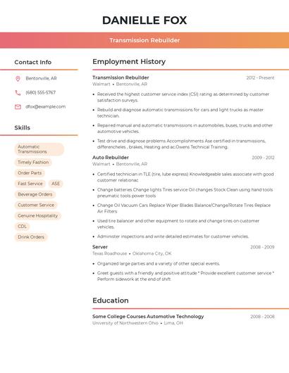 Transmission Rebuilder Resume