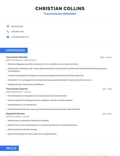 Transmission Rebuilder Resume