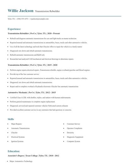 Transmission Rebuilder Resume