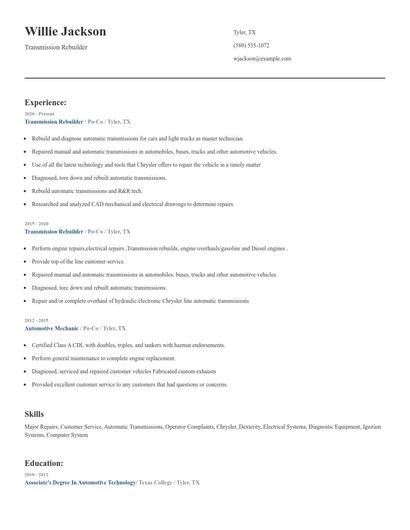Transmission Rebuilder Resume