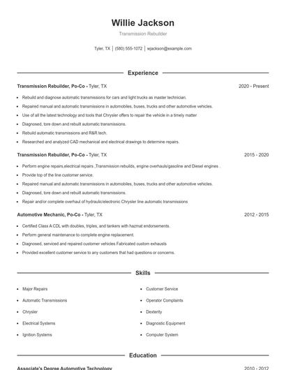 Transmission Rebuilder Resume