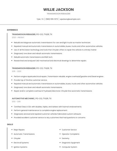 Transmission Rebuilder Resume