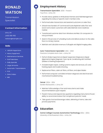 Transmission Specialist Resume