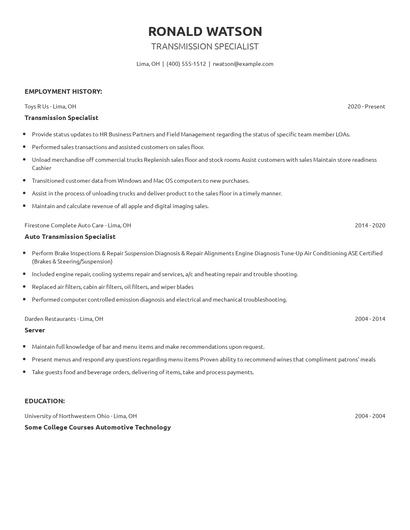 Transmission Specialist Resume