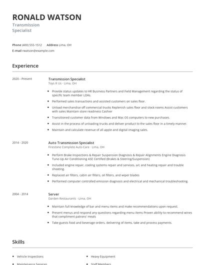 Transmission Specialist Resume
