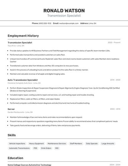Transmission Specialist Resume