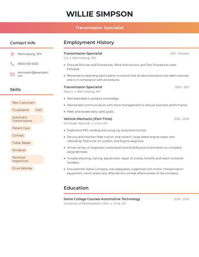 Transmission Specialist Resume