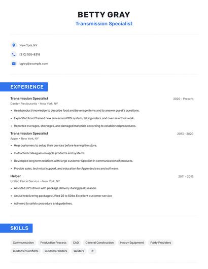 Transmission Specialist Resume