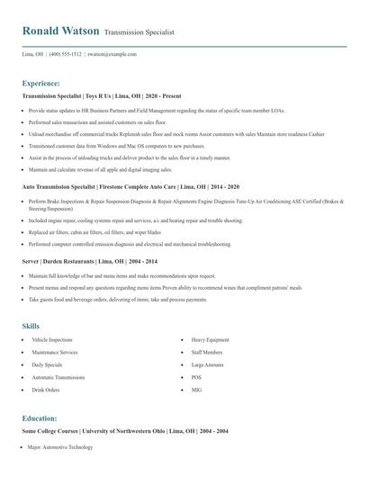 Transmission Specialist Resume