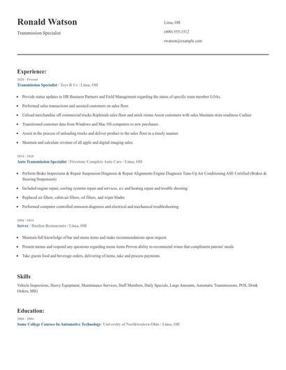 Transmission Specialist Resume