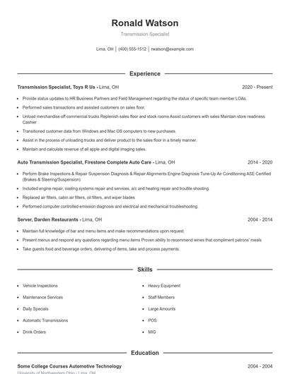 Transmission Specialist Resume