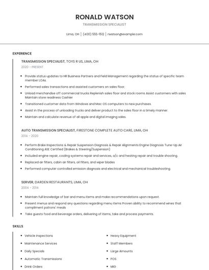 Transmission Specialist Resume