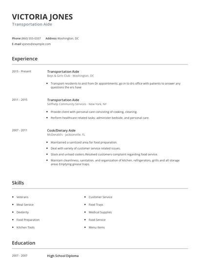 Transportation Aide Resume