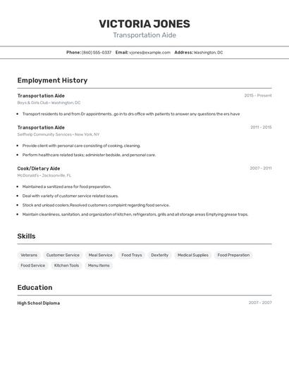 Transportation Aide Resume