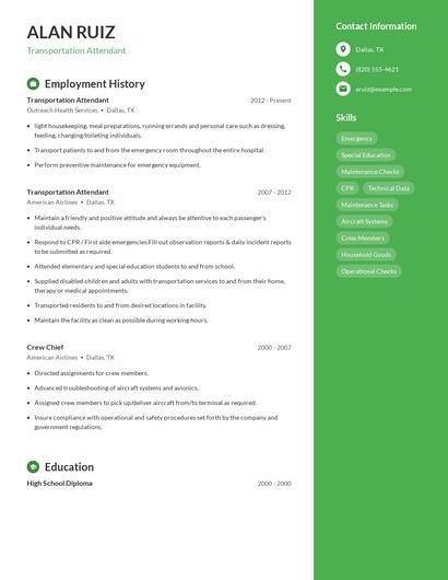 Transportation Attendant Resume