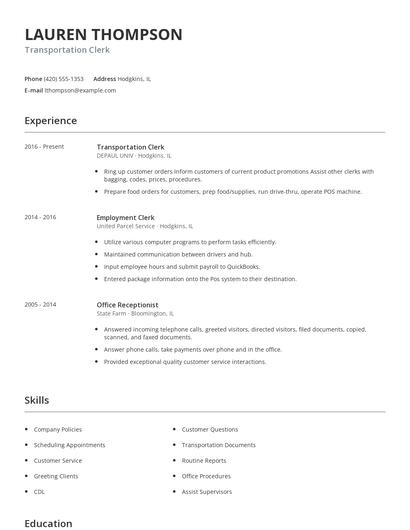 Transportation Clerk Resume