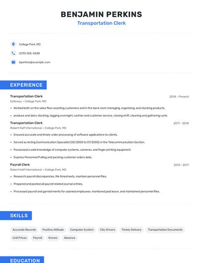 Transportation Clerk Resume
