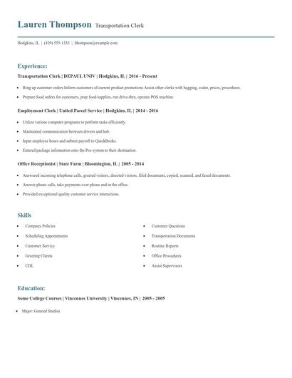 Transportation Clerk Resume