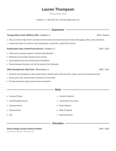 Transportation Clerk Resume