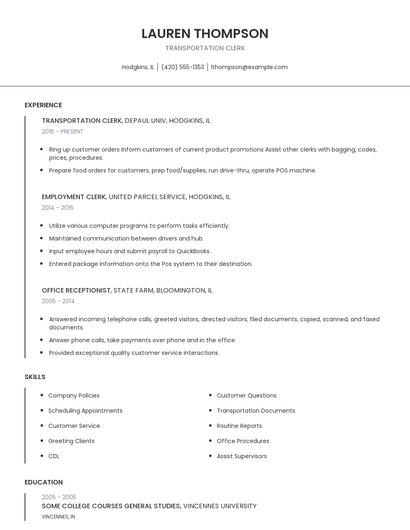 Transportation Clerk Resume