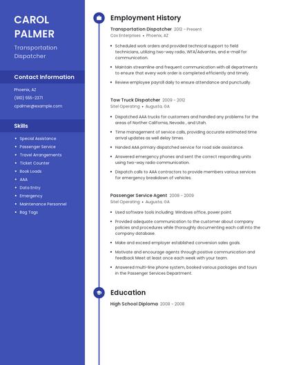 Transportation Dispatcher Resume