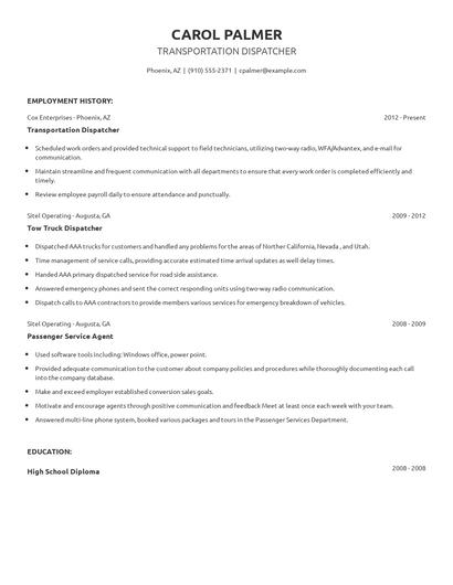 Transportation Dispatcher Resume