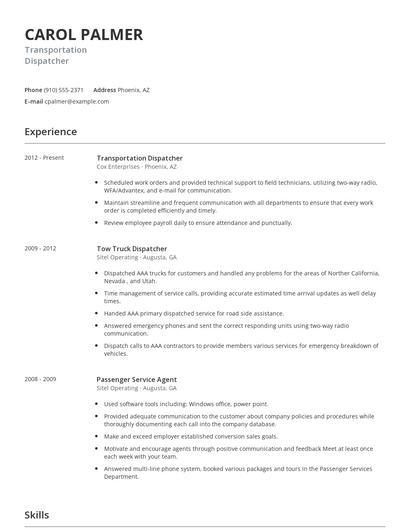 Transportation Dispatcher Resume