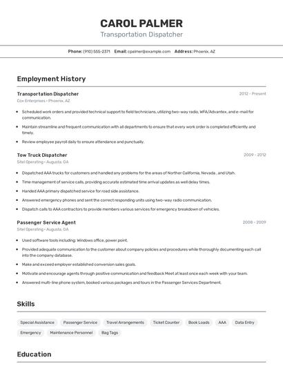 Transportation Dispatcher Resume