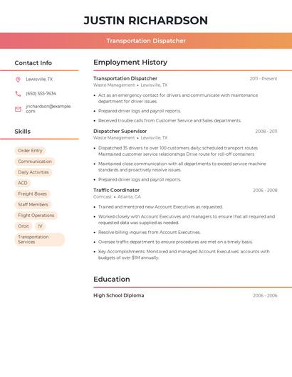 Transportation Dispatcher Resume