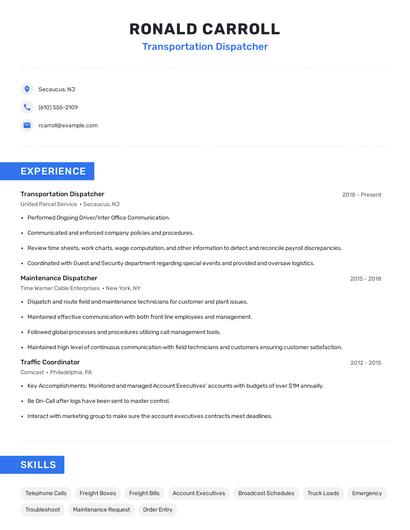 Transportation Dispatcher Resume