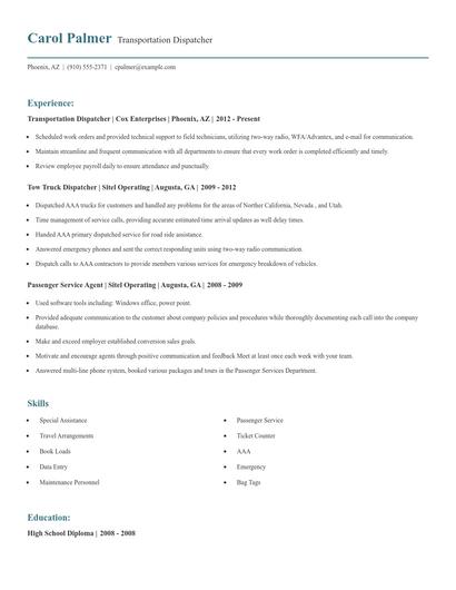 Transportation Dispatcher Resume