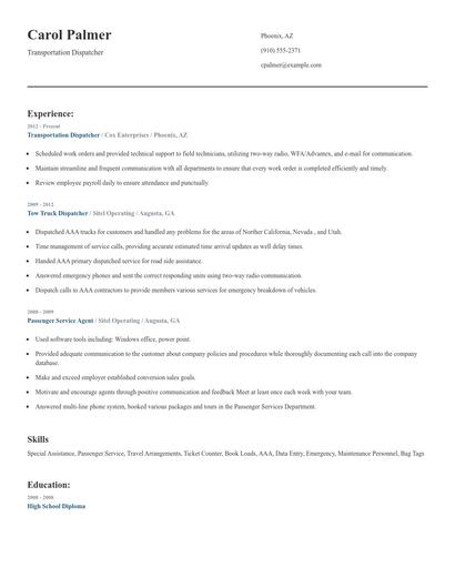 Transportation Dispatcher Resume