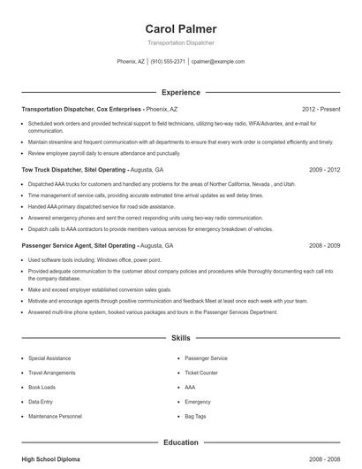 Transportation Dispatcher Resume