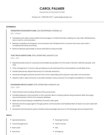 Transportation Dispatcher Resume