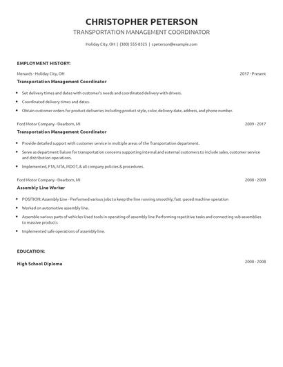 Transportation Management Coordinator Resume