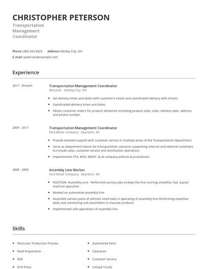 Transportation Management Coordinator Resume