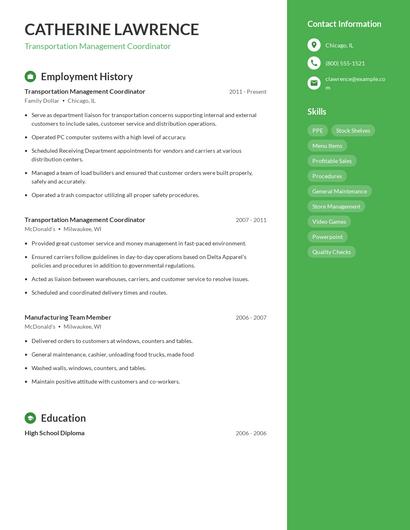Transportation Management Coordinator Resume