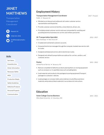 Transportation Management Coordinator Resume