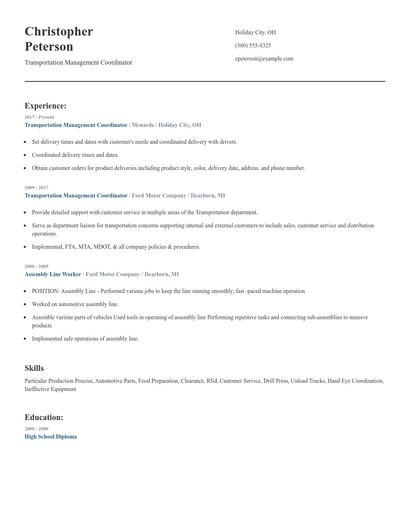 Transportation Management Coordinator Resume